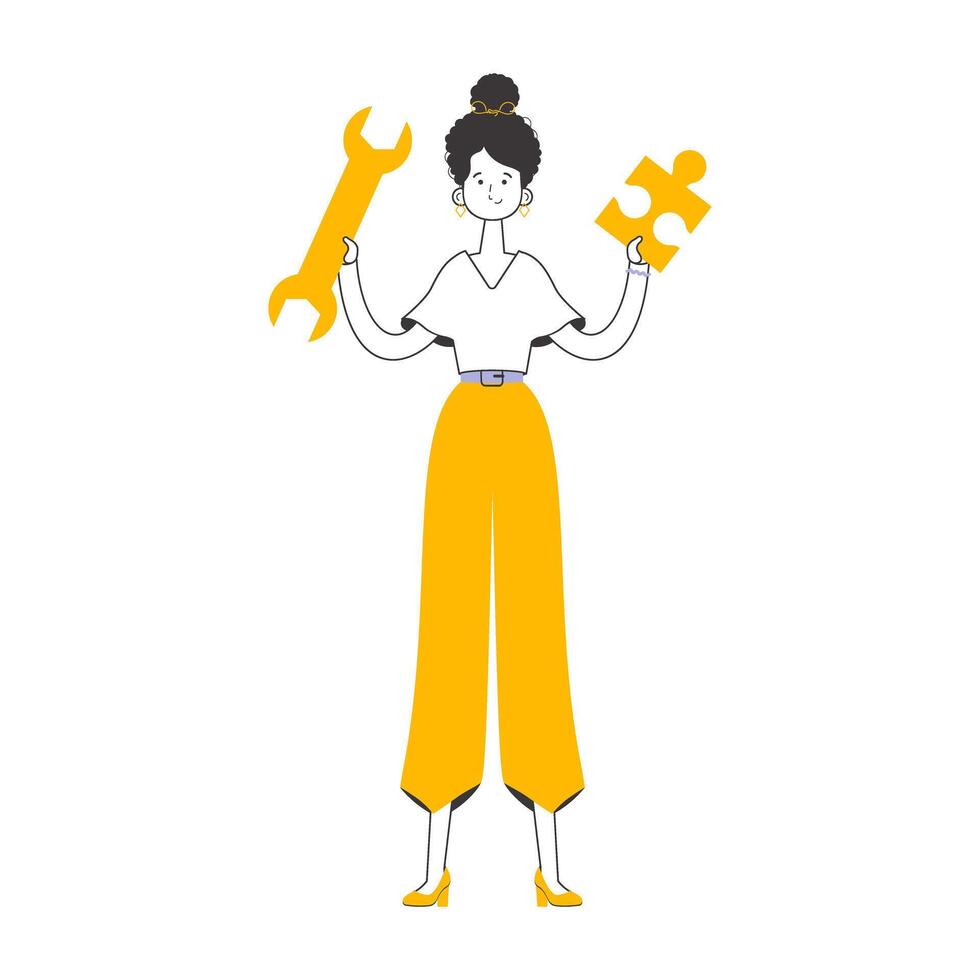 A woman is holding a wrench and a puzzle. Teamwork theme. Linear style. Isolated. . vector