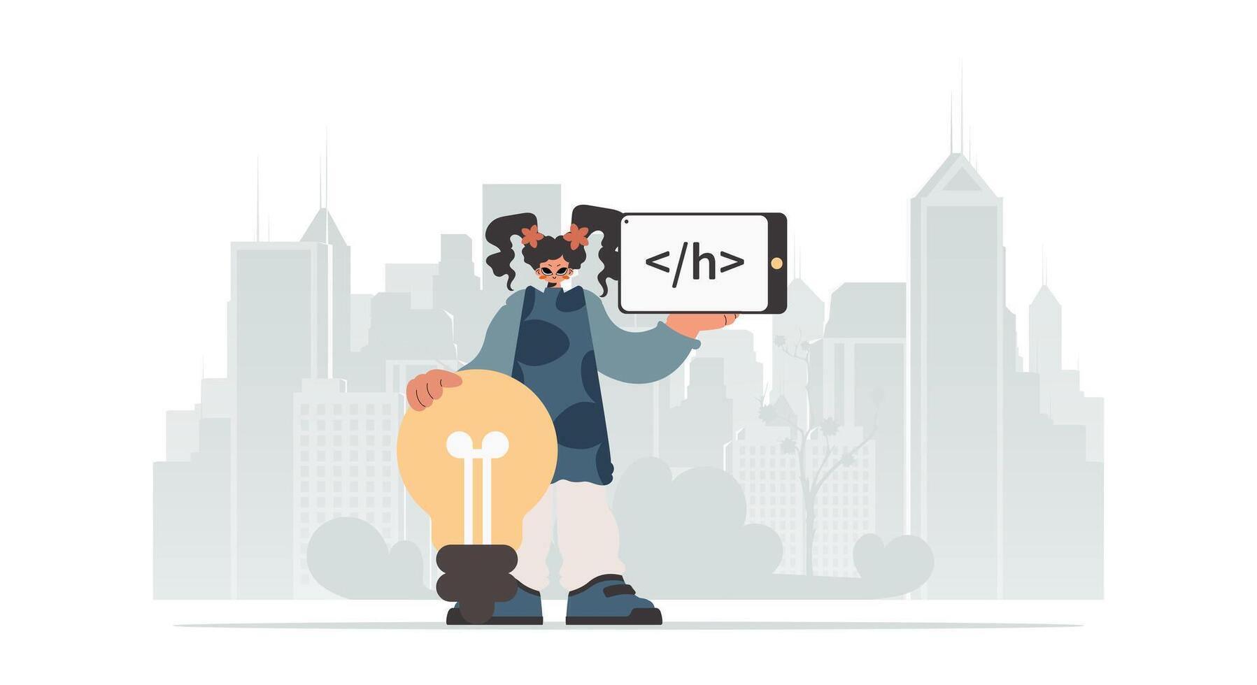 A man holding up a tablet with the word html vector