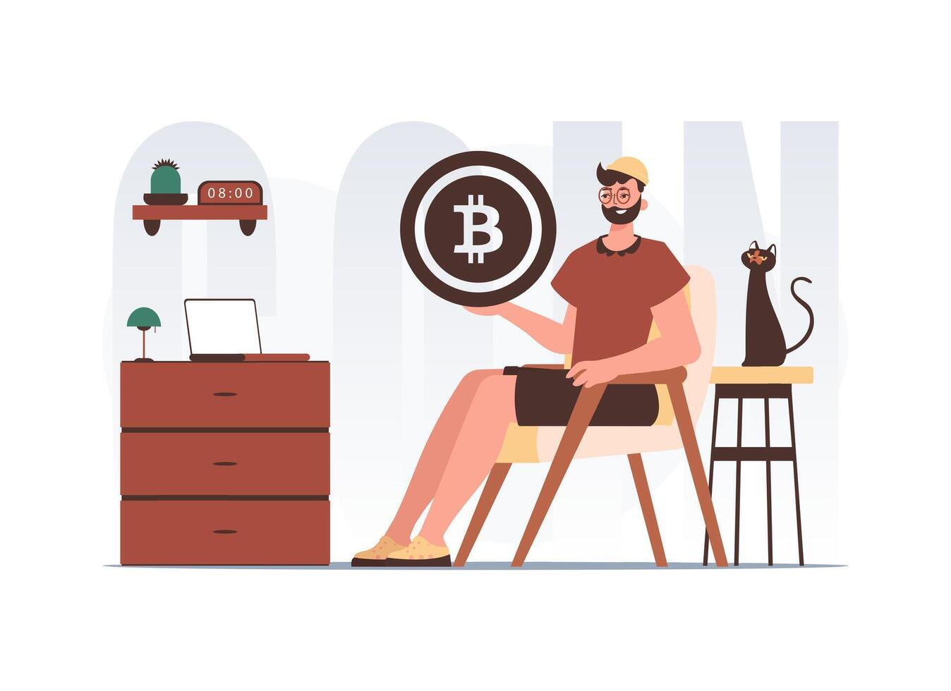 The concept of mining and extraction of bitcoin. The guy sits in a chair and holds a bitcoin in the form of a coin in his hands. Character in modern trendy style. vector