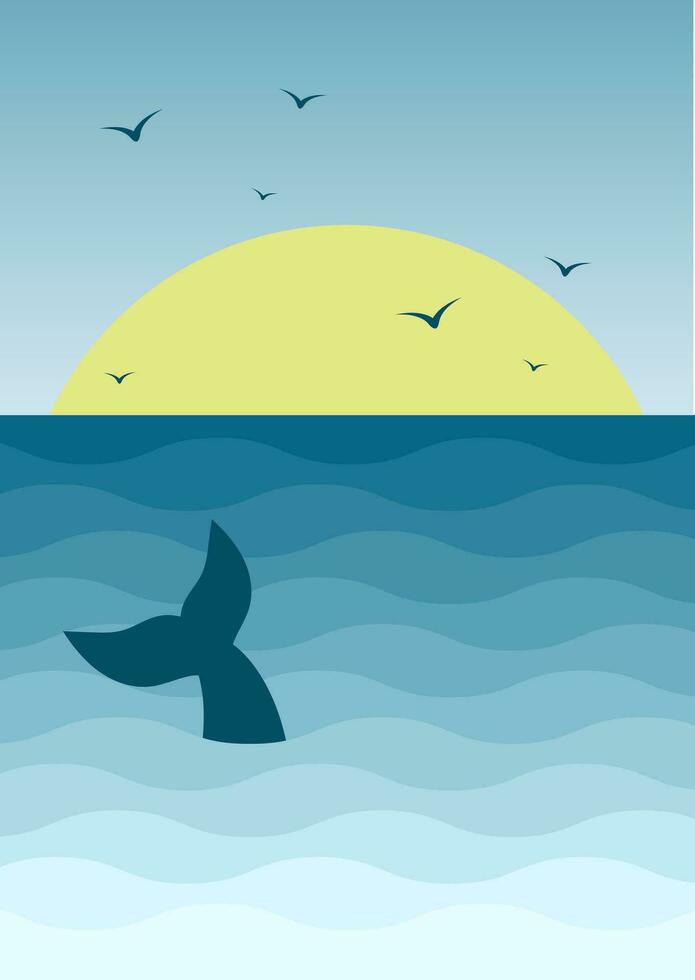 Sea in the morning and whale childish illustration poster. Cute fish tale. vector