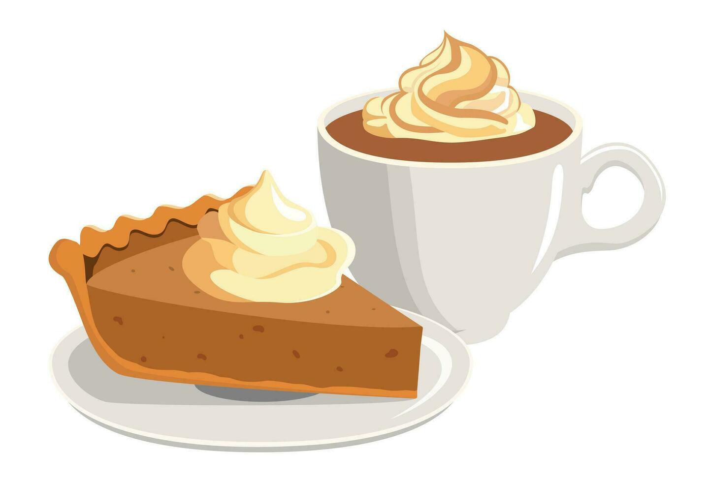 Autumn hot drink with slice of pumpkin pie. Vector illustration. Fall season drink in a disposable cup. Autumn greeting card, postcard design.