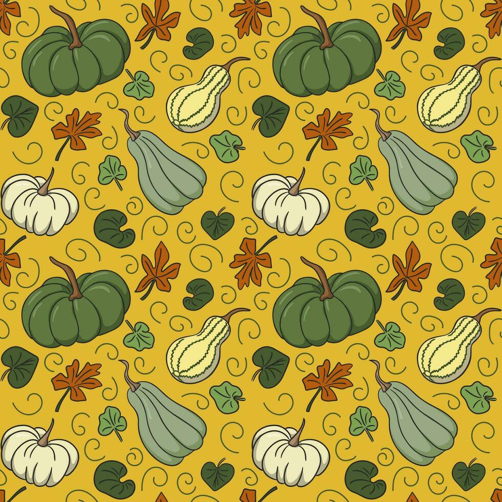 Cuty autumn green and white pumpkin seamless pattern with colored leaves on yellow background. Variation of forms of squashes with leaves. Cute design for wrappin, decoration, home decor, kids textile vector