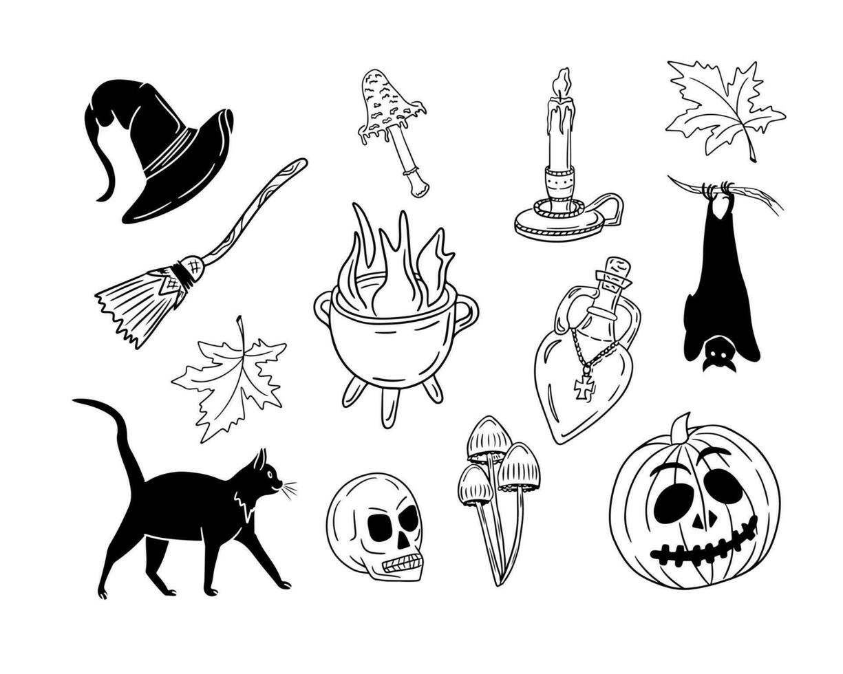 Flat doodle hand drawn halloween witch things. Sketch outline set for halloween decoration. Black isolated elements on white background. Ideal for coloring pages, stickers, tatoo vector