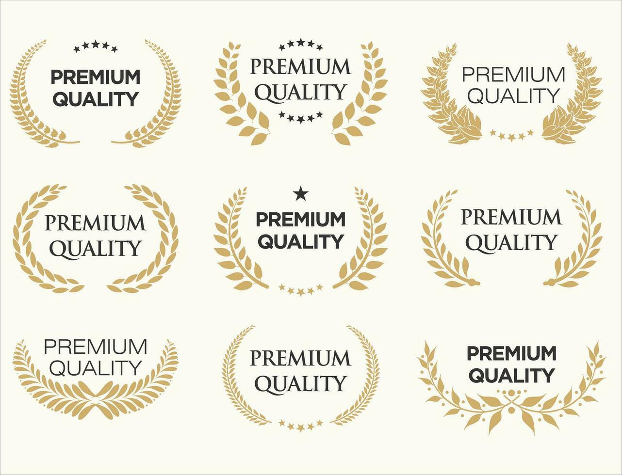 Collection of golden premium quality laurel wreath vector illustration