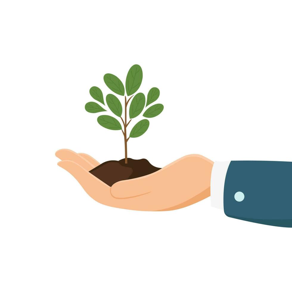 humano mano sostiene pequeño verde árbol. verde energía y sostenible estilo de vida concepto. vector ilustración