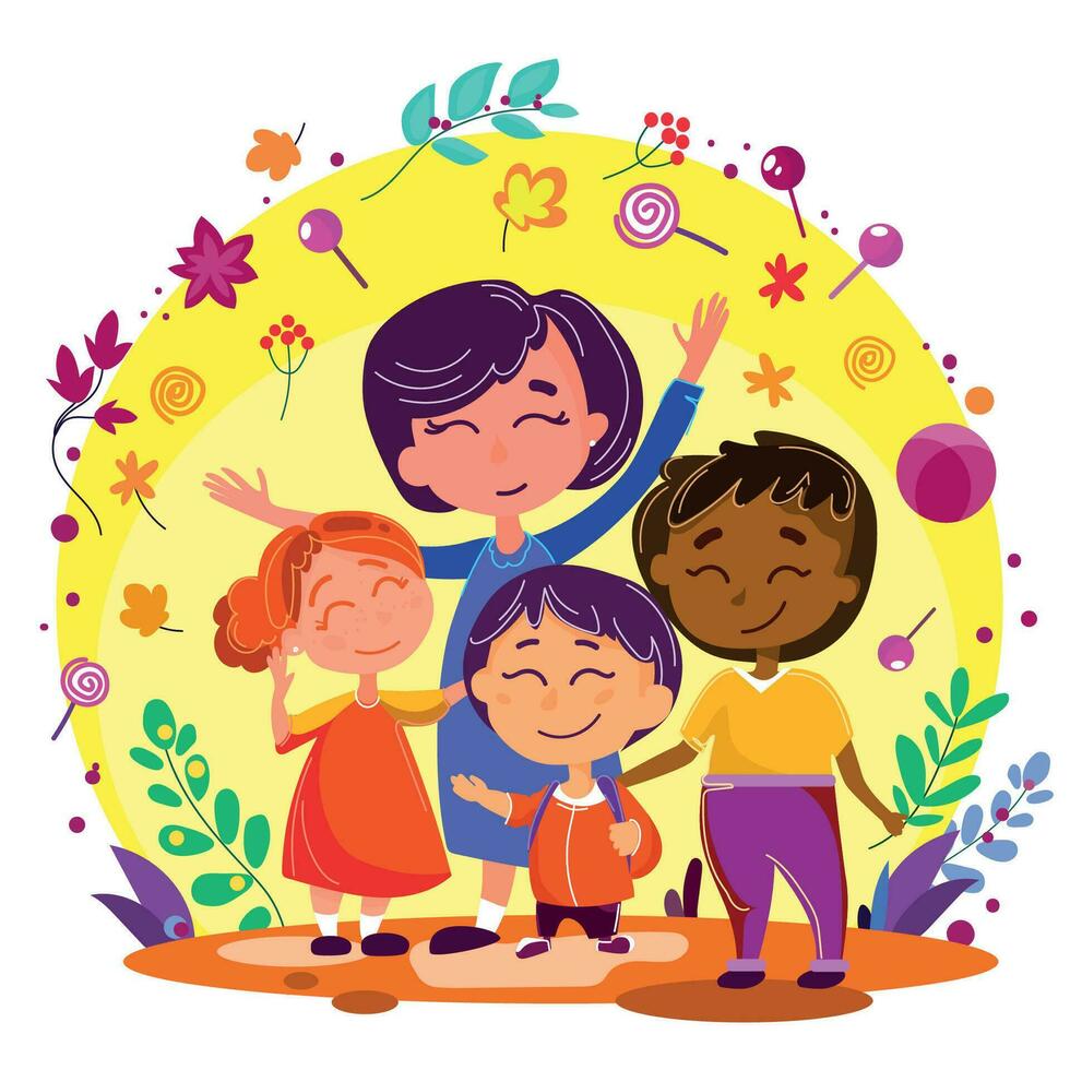 contento para niños dia.multi étnico niños juntos en vistoso amarillo antecedentes con flores juguetes y piruletas vector ilustración.feliz niños y alegre infancia.niño proteccion concepto