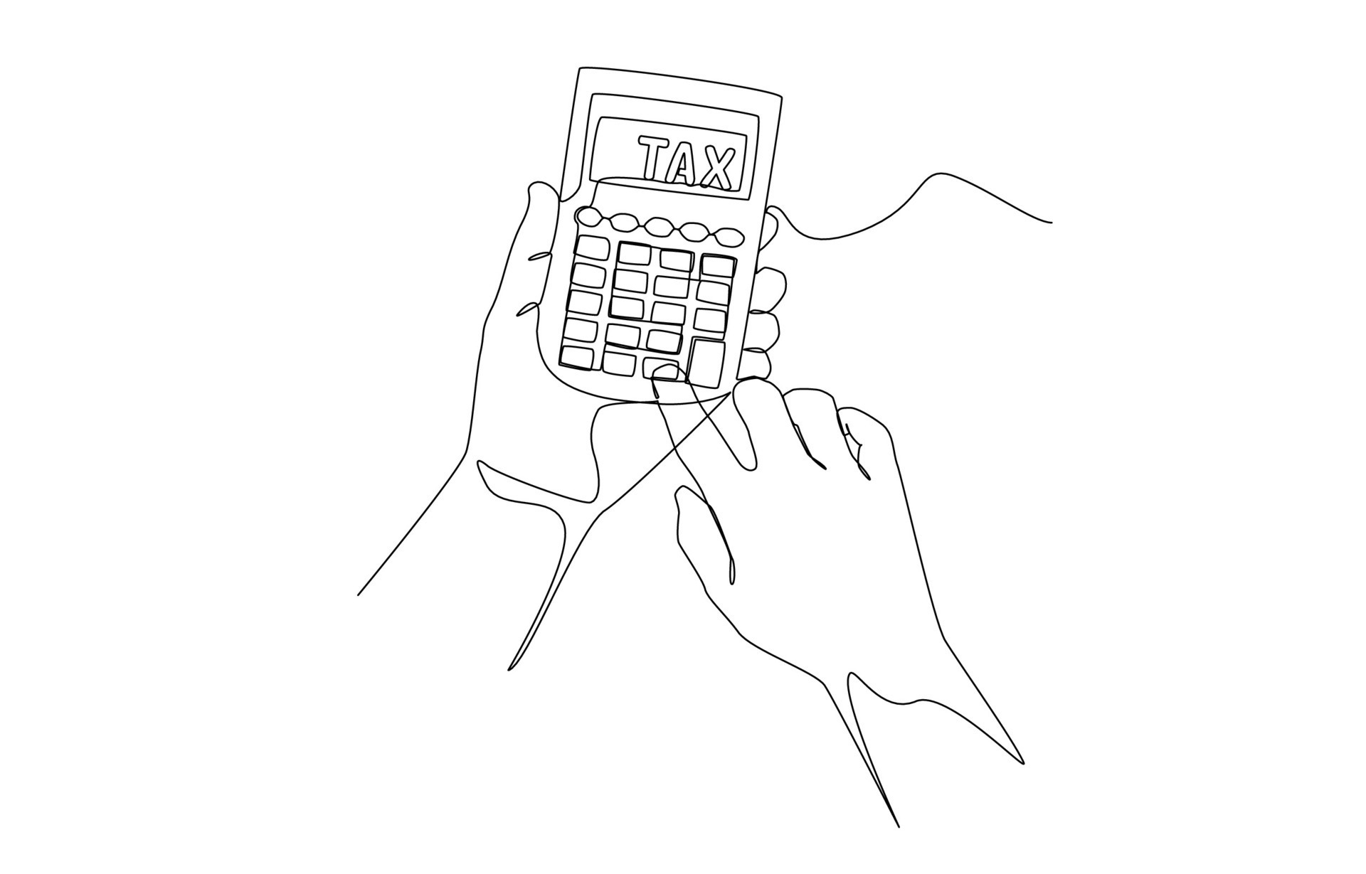 Continuous one line drawing of hands holding calculator with word TAX