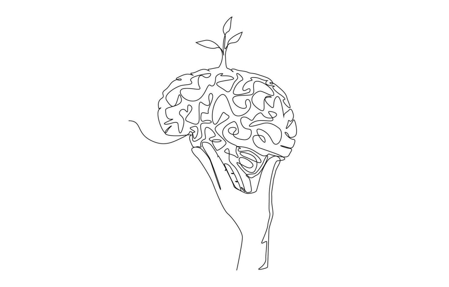 Continuous one line drawing of hand holding brain with young tree on top, personal development, growth mindset concept, single line art. vector