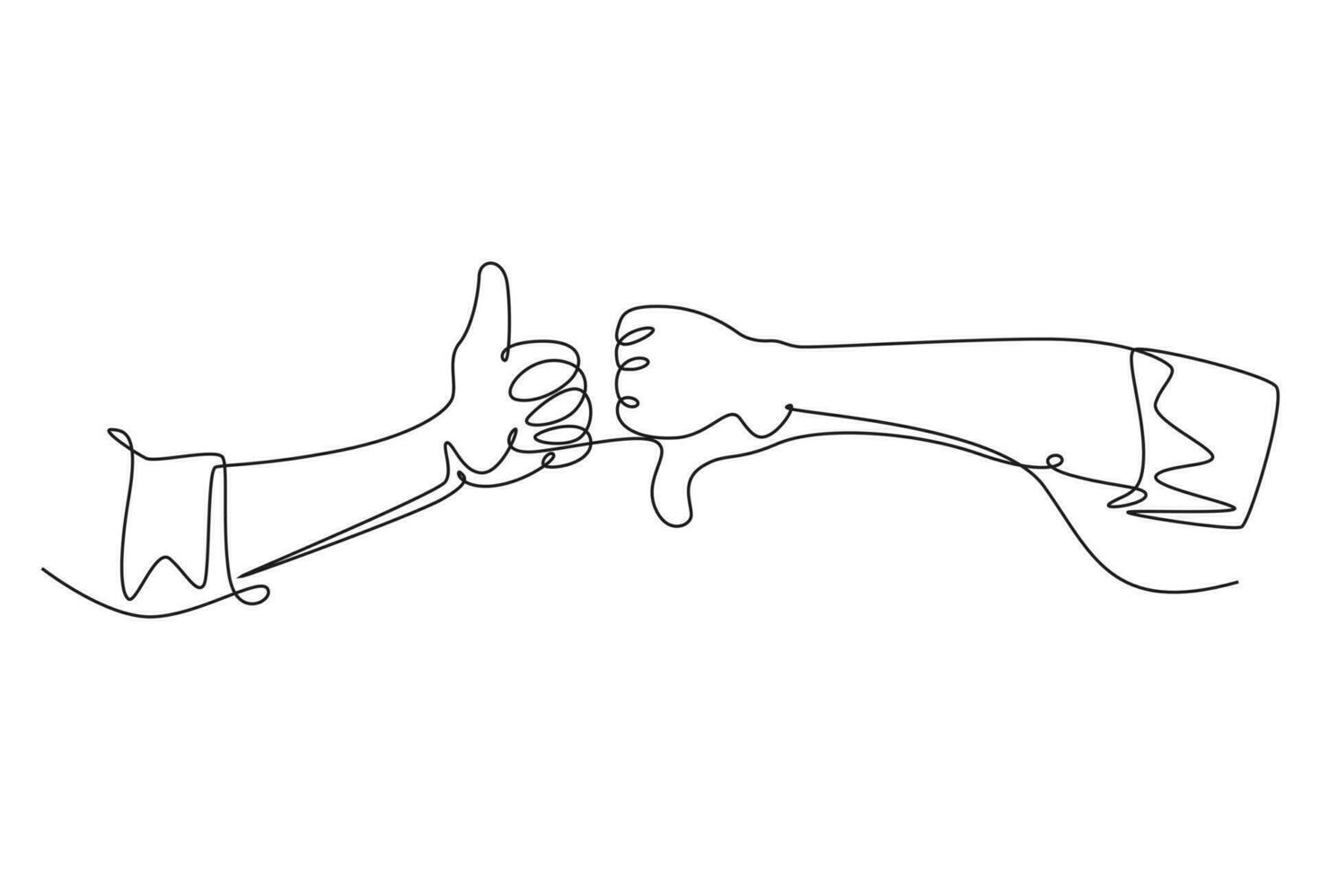 Single one line drawing of young male arm hands with thumbs up and thumbs down sign gesture. Good and bad symbol icon template concept. Modern continuous line draw design graphic vector illustration