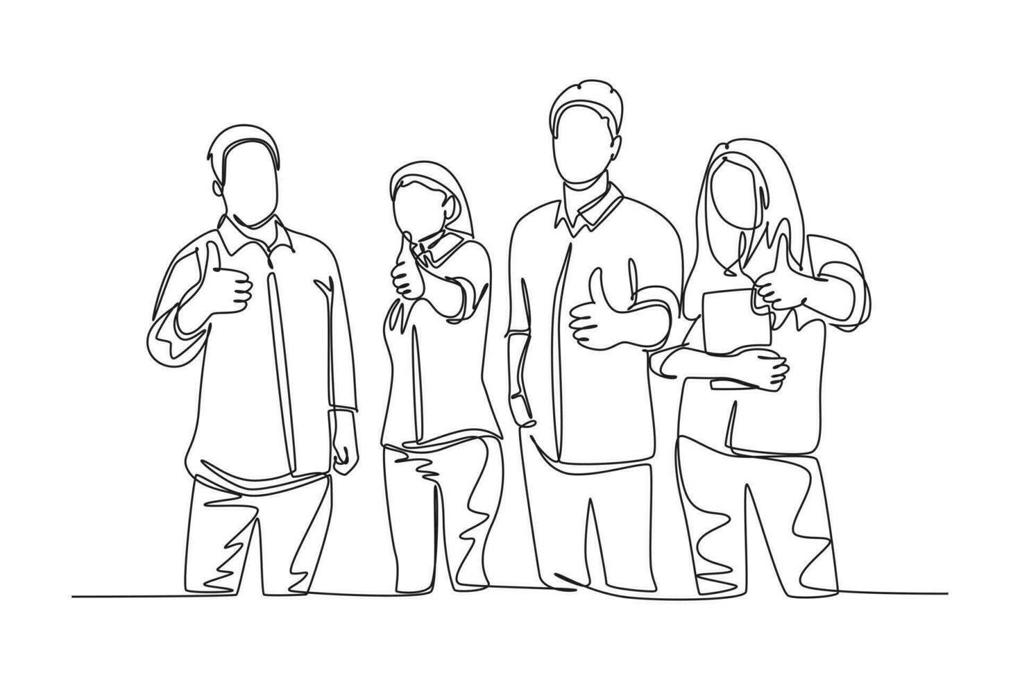 Single continuous line drawing group of happy college students giving thumbs up gesture after studying together at campus library. Learn and study in university life. One line draw vector illustration