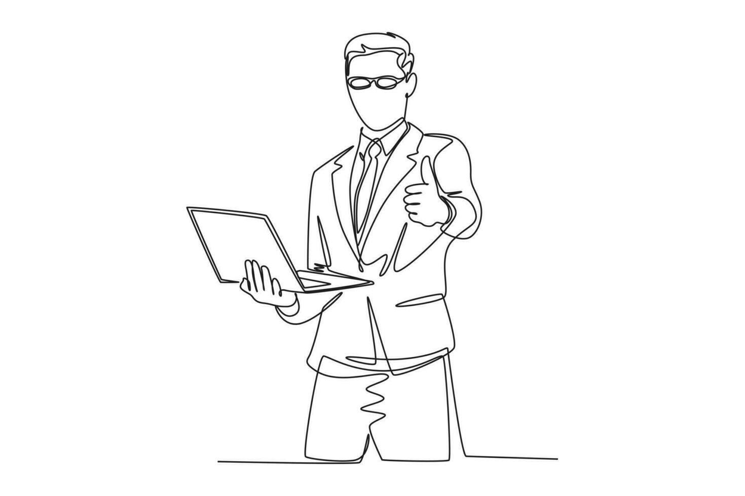 Single continuous line drawing young happy businessman stand up and carrying laptop while giving thumb up gesture. Business service excellence concept. One line draw graphic design vector illustration