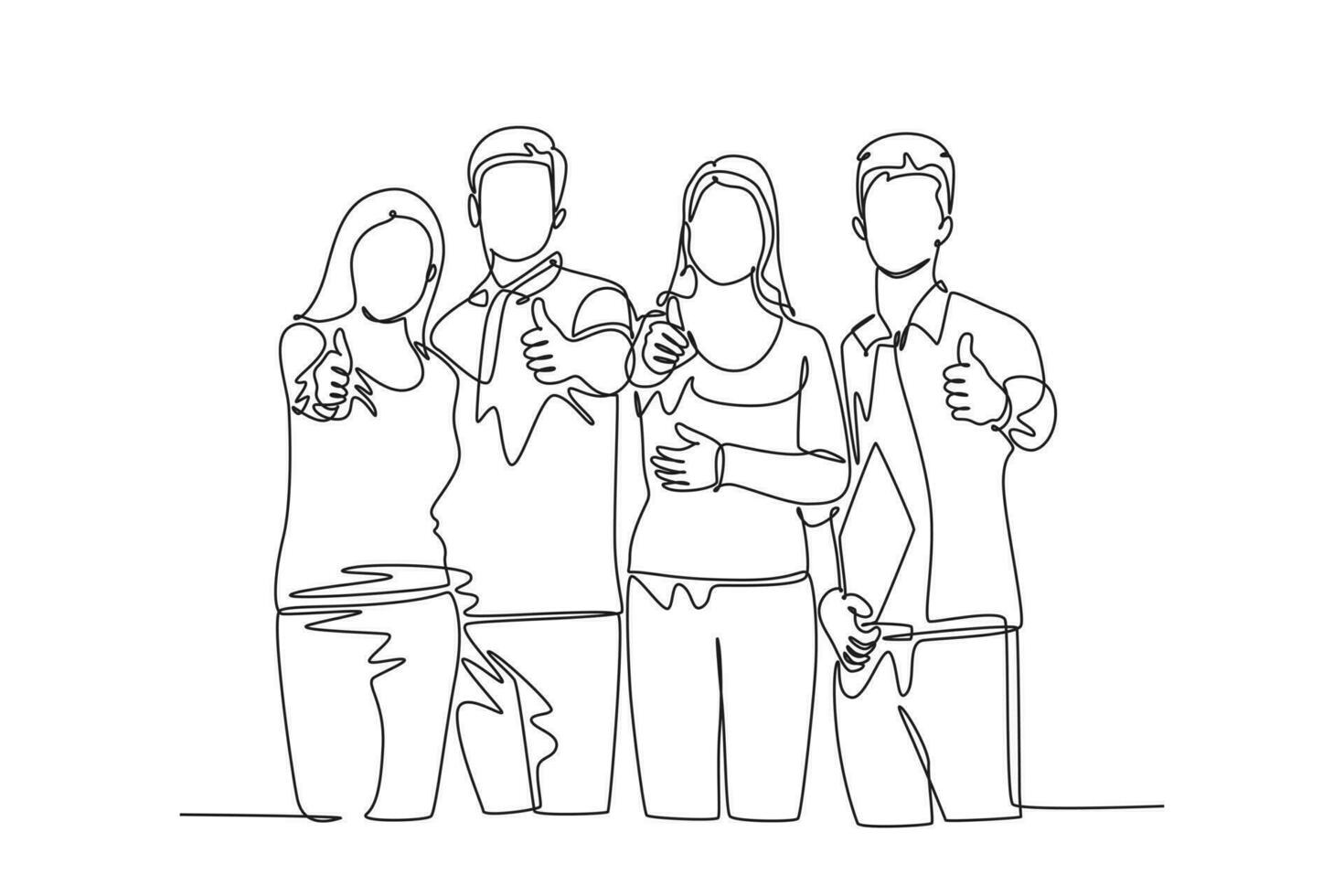 Single continuous line drawing group of happy college students giving thumbs up gesture after studying together at university library. Learn and study in campus life. One line draw vector illustration