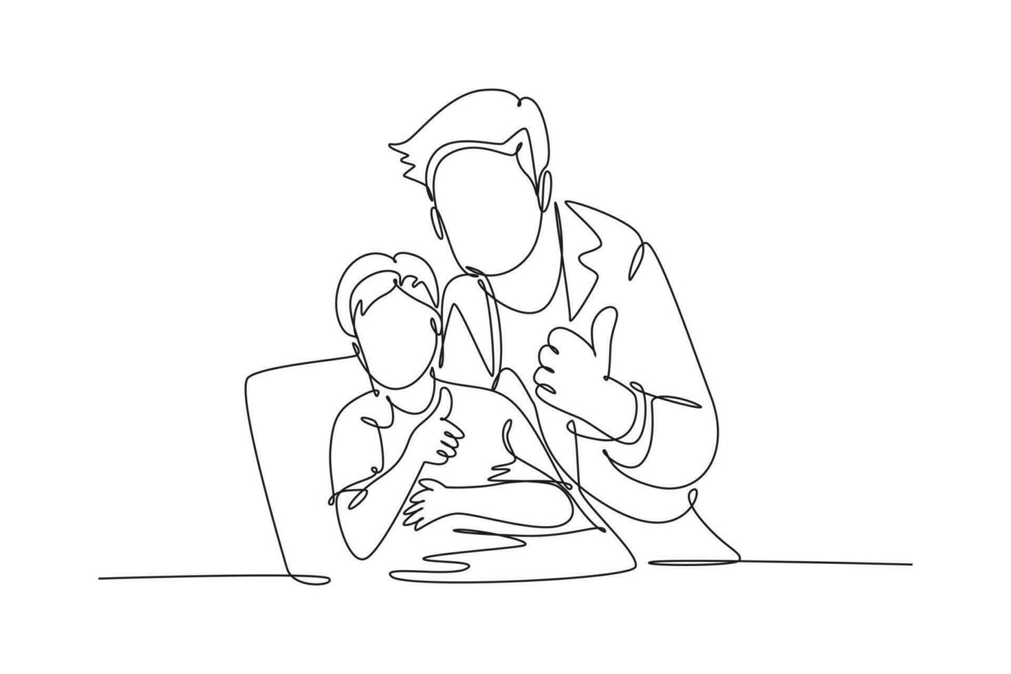Single one line drawing of young dentist man calming down his little boy patient and giving thumbs up gesture. Teeth health care concept. Modern continuous line draw design graphic vector illustration