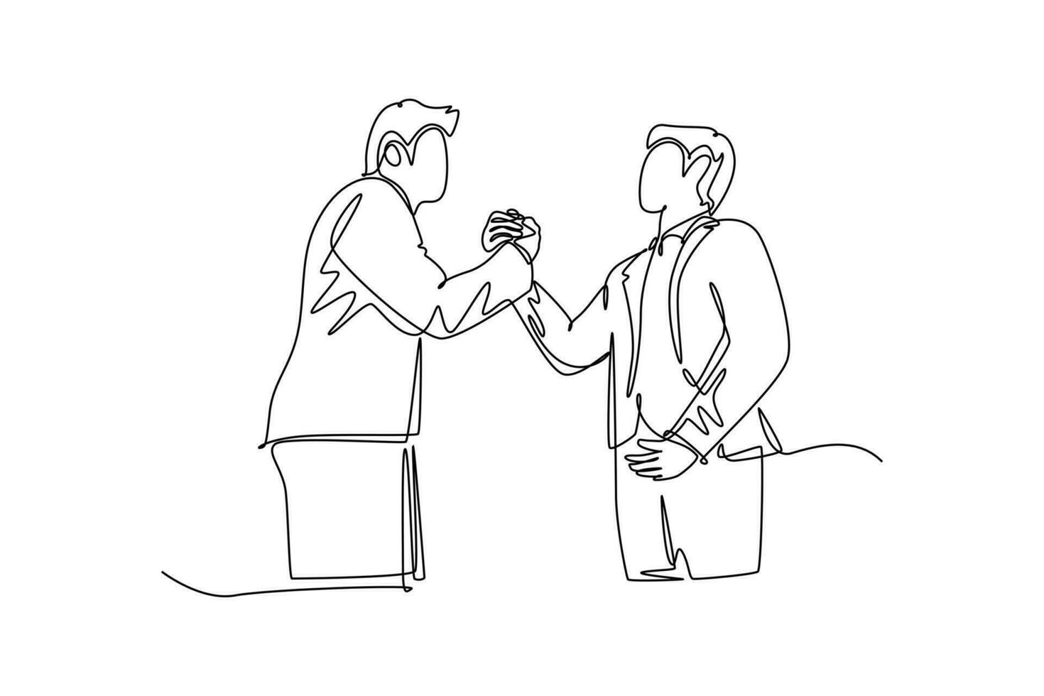 Single continuous line drawing young business man handshake his partner or colleague to deal a project. Business meeting cooperation concept. Dynamic one line draw graphic design vector illustration