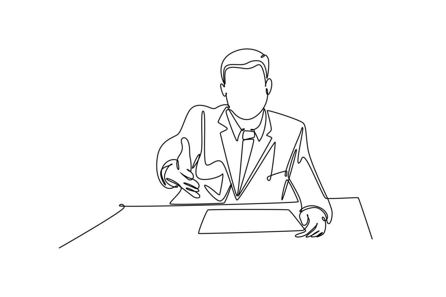 Single one line drawing young businessman make handshake gesture to his colleague at office. Business meeting concept. Successful worker. Modern continuous line draw design graphic vector illustration