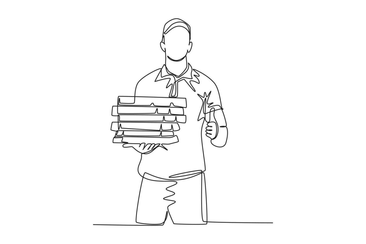 Single one line drawing of happy pizza delivery man gives thumbs up gesture before deliver package to customer. Food delivery service business. Continuous line draw design graphic vector illustration