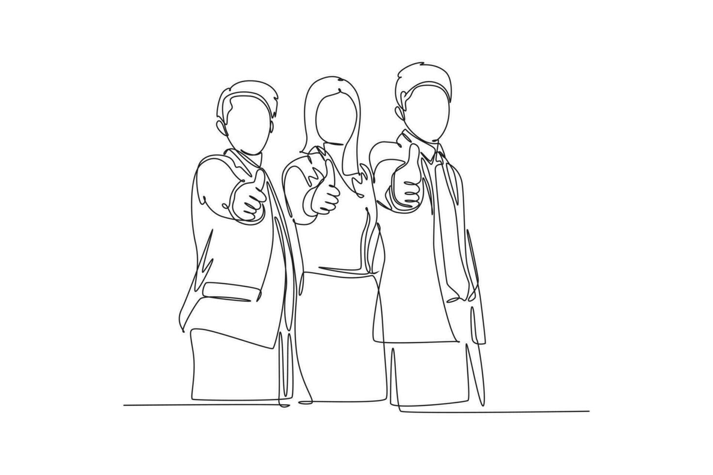 Single continuous line drawing of young happy businessmen and businesswoman stand up and giving thumbs up gesture together. Business teamwork building. One line draw graphic design vector illustration