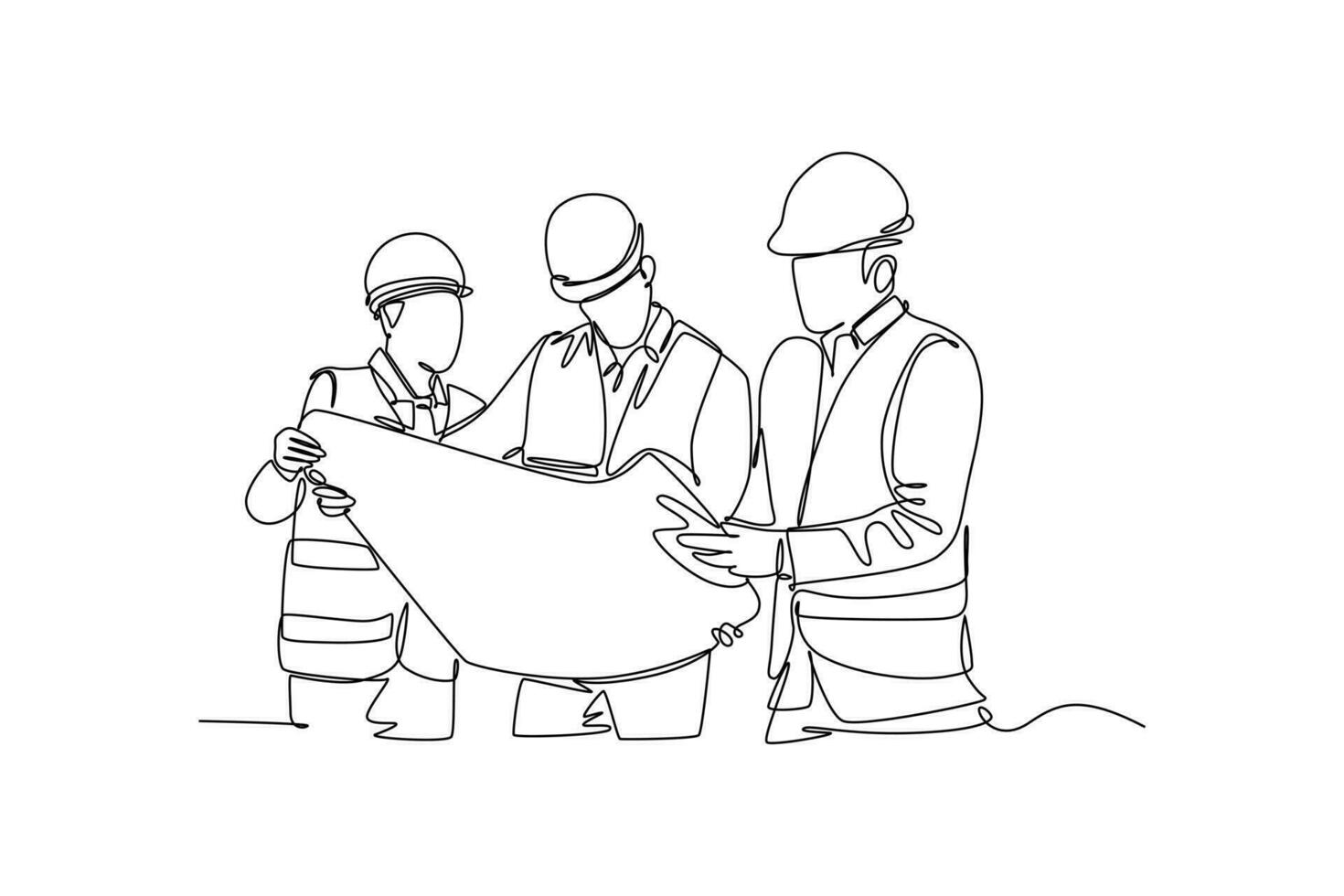 Single continuous line drawing of builder and architect wearing construction vest, helmet looking for building design on blue print together. Great teamwork. One line draw graphic vector illustration