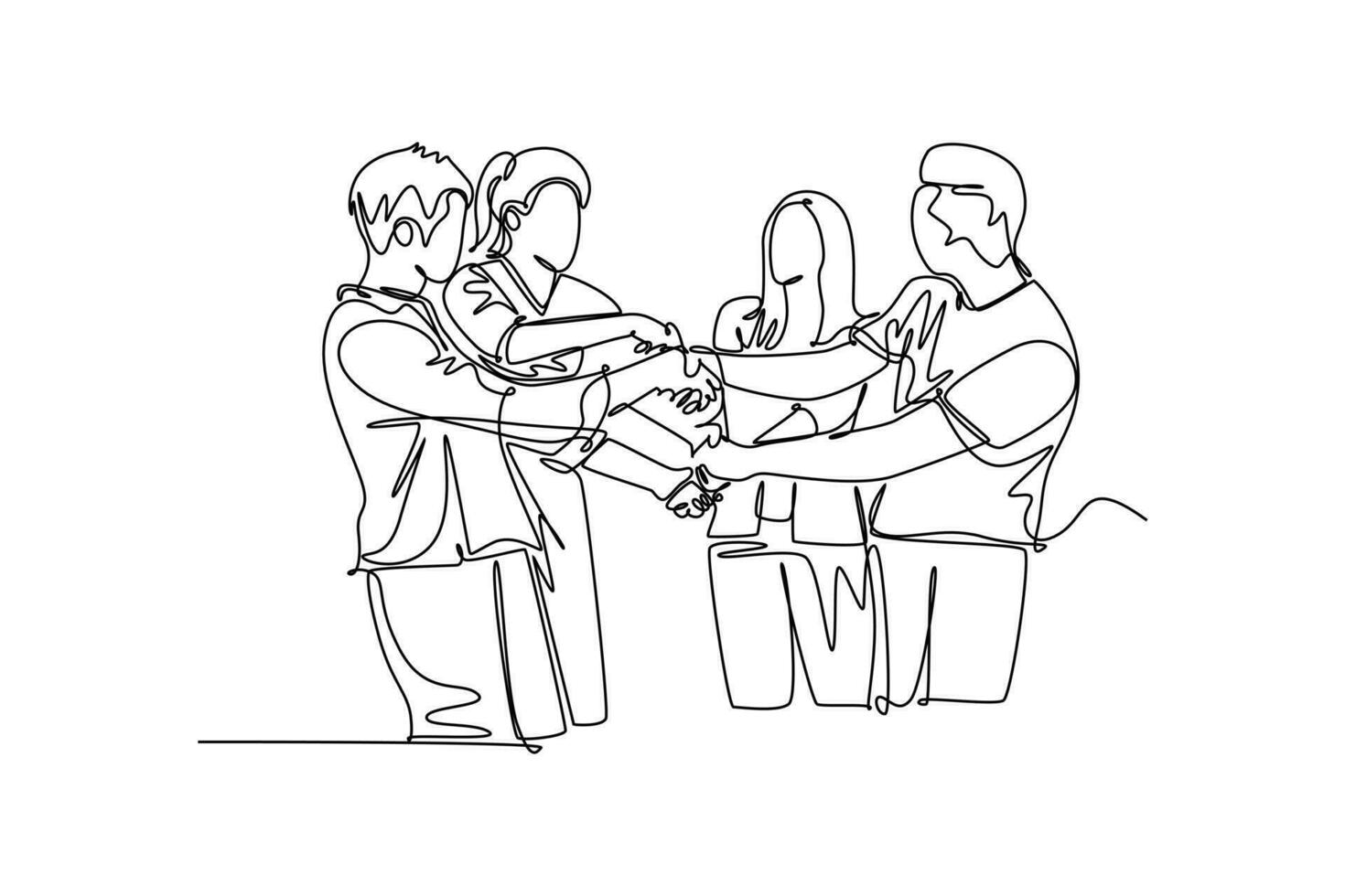 Continuous one line drawing young business group holding hand together as great team. Business teamwork concept. Successful man and woman employee. Single line draw design vector graphic illustration