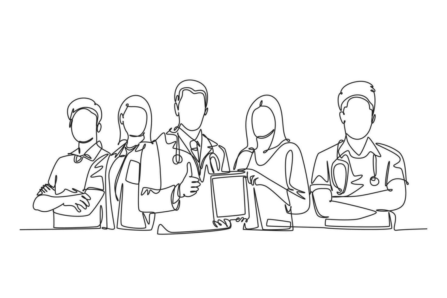 Single one line drawing group of young happy doctor giving thumbs up gesture for best healthcare service in hospital. Medical team work concept. Continuous line draw design graphic vector illustration