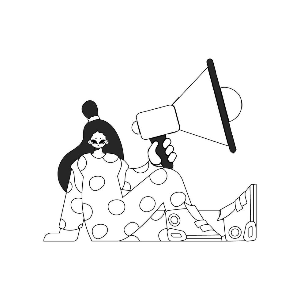 Masterful HR specialist woman holding a megaphone in her hands. HR topic. Linear black and white style. vector