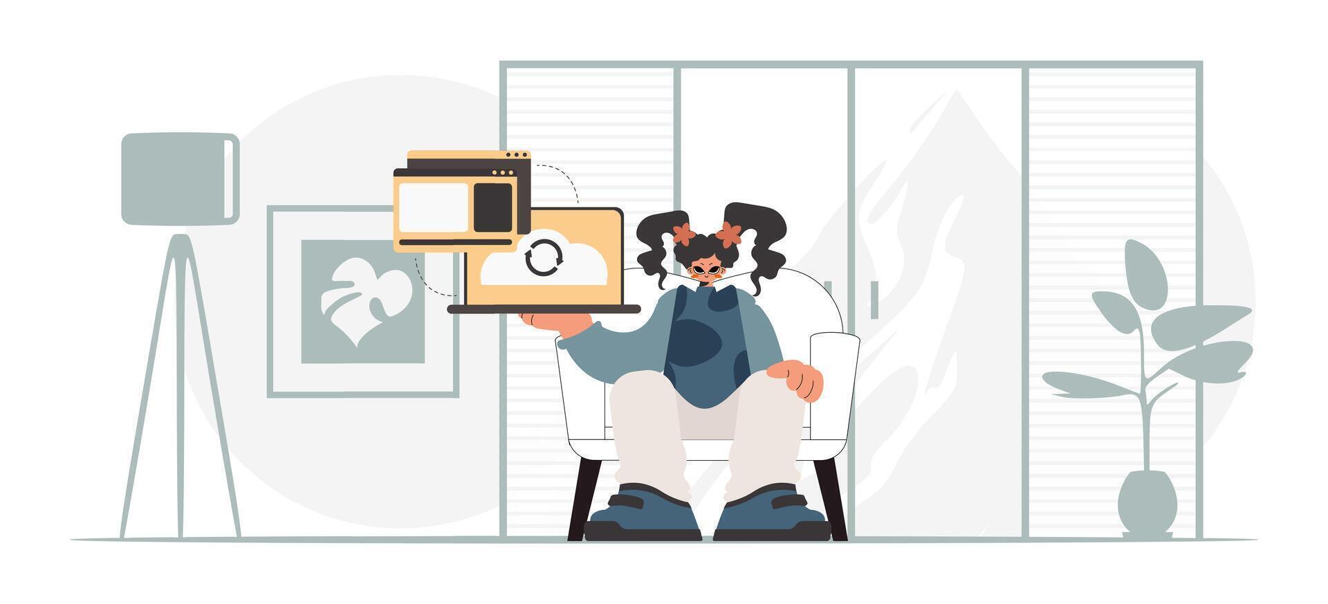 A man is sitting in a chair with a laptop vector
