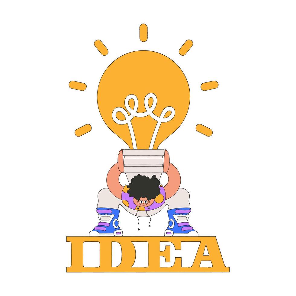 Funny illustration on the theme of the idea. A man is holding a heavy large light bulb. vector