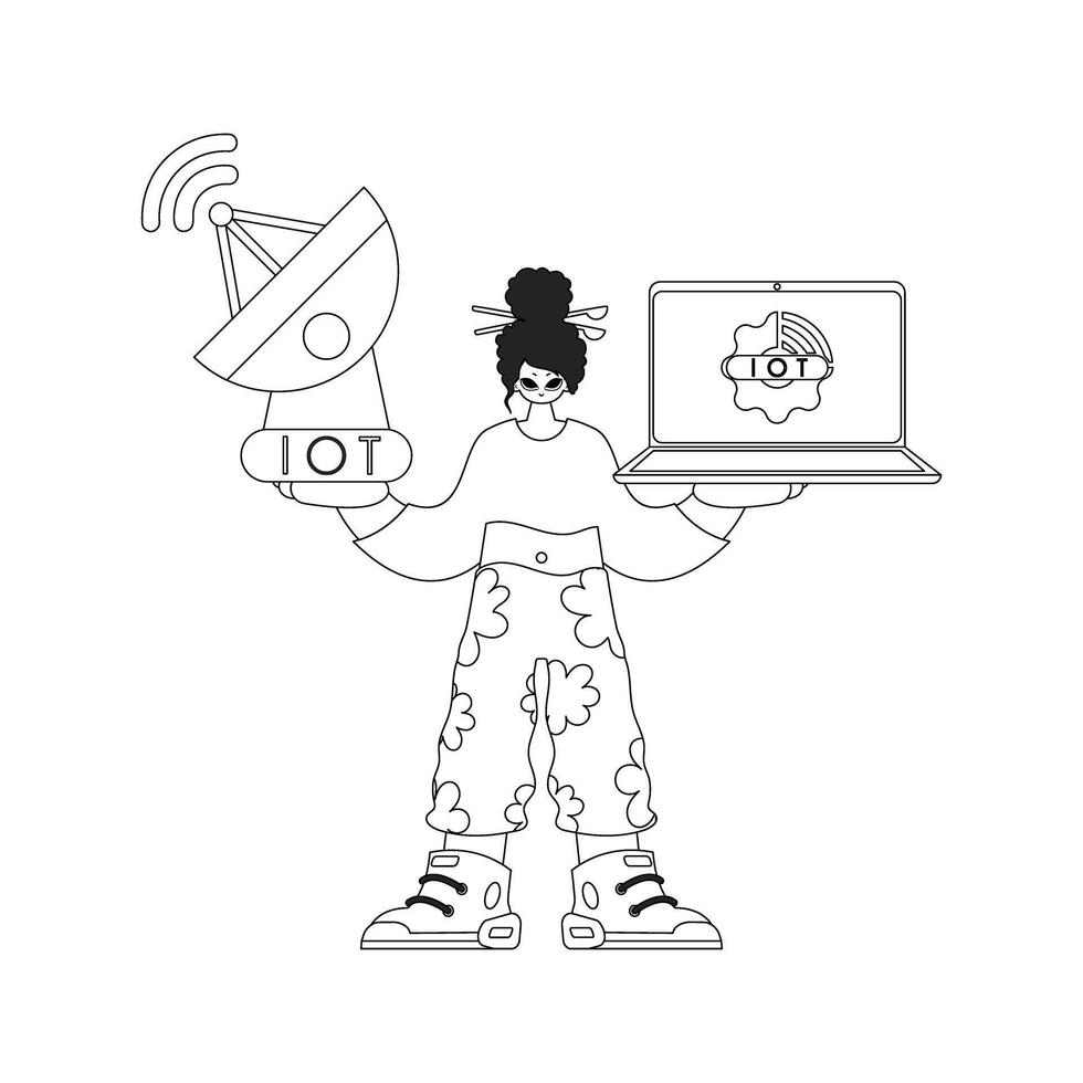 Woman working with IoT data, laptop and antenna in hand, shown in vector linear illustration