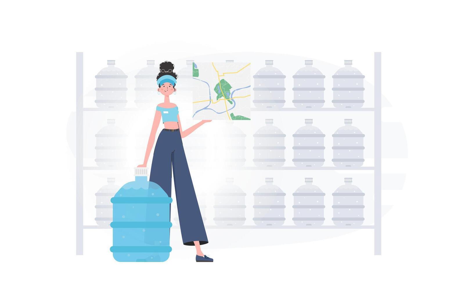 Water delivery concept. The girl is holding a map. Stylish character is depicted in full growth. . vector
