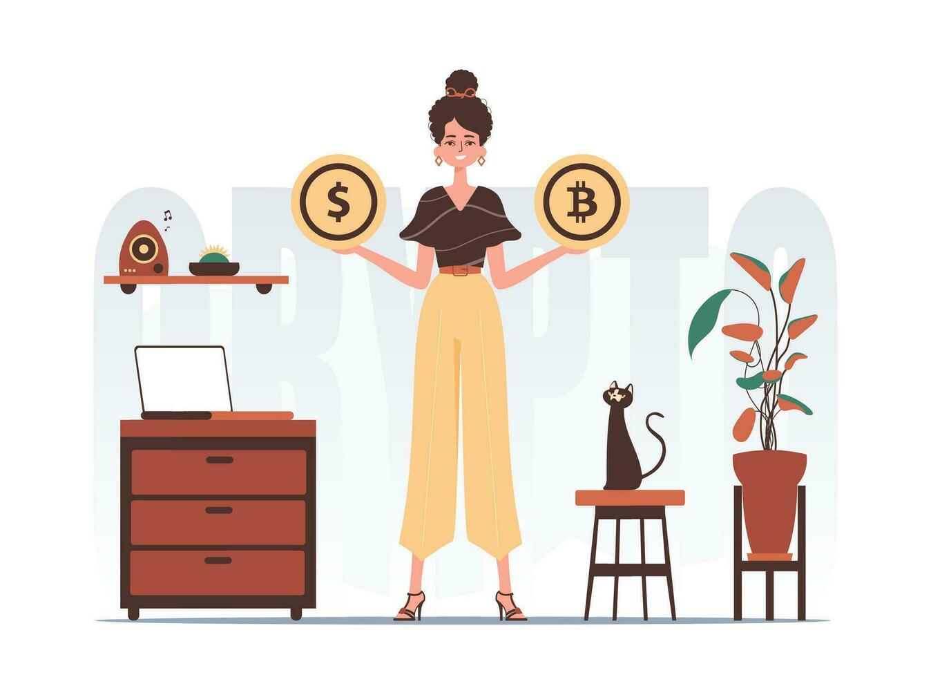 The concept of mining and extraction of bitcoin. A woman holds in her hands a bitcoin and a dollar in the form of coins. Character with a modern style. vector