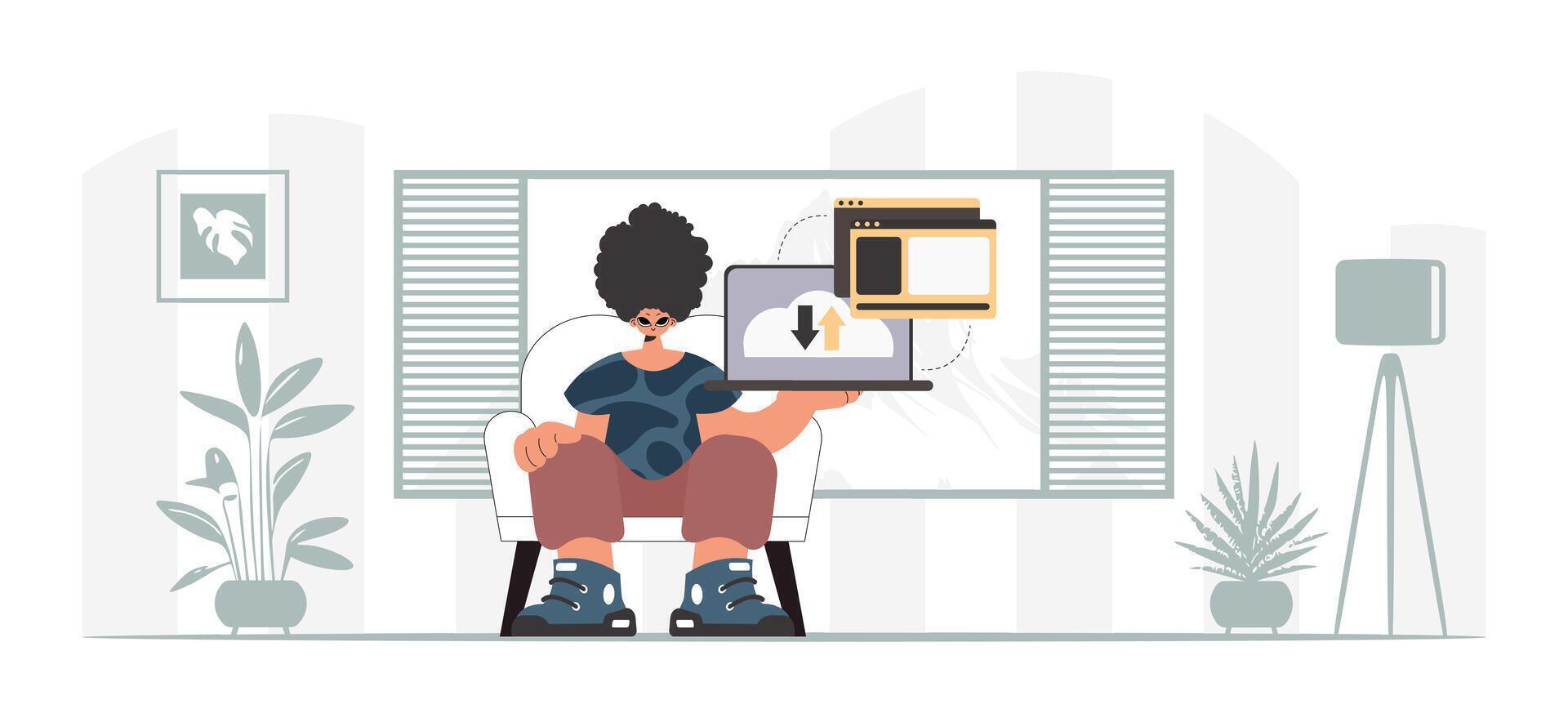 A woman sitting in a chair with a laptop vector
