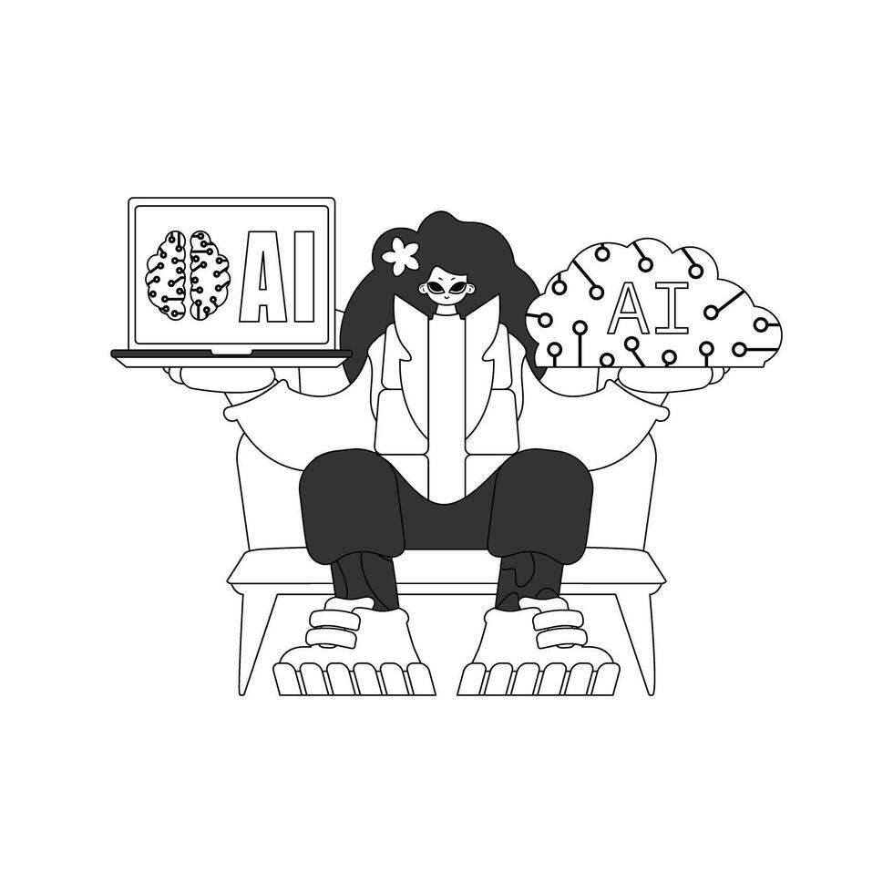 A black and white illustration of a person sitting on a chair with a laptop vector