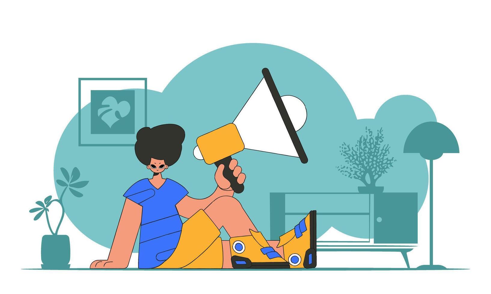 illustration of a human resources specialist. Stylish man sits on the floor and holds a megaphone in his hand. vector