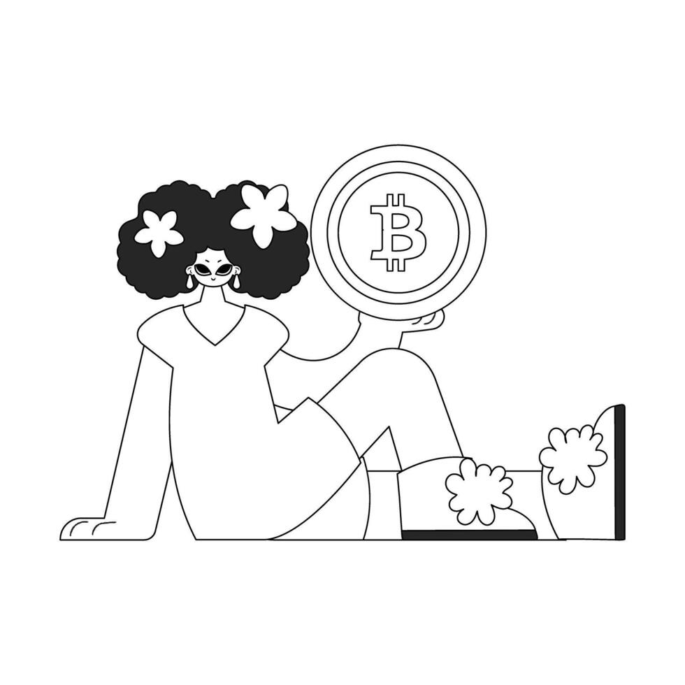 A unique woman is holding a bitcoin coin. Newspaper black and white style. vector