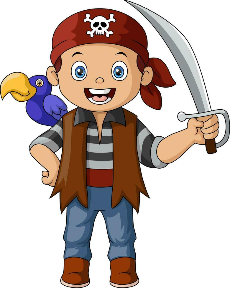 Cute pirate boy holding sword with macaw bird vector