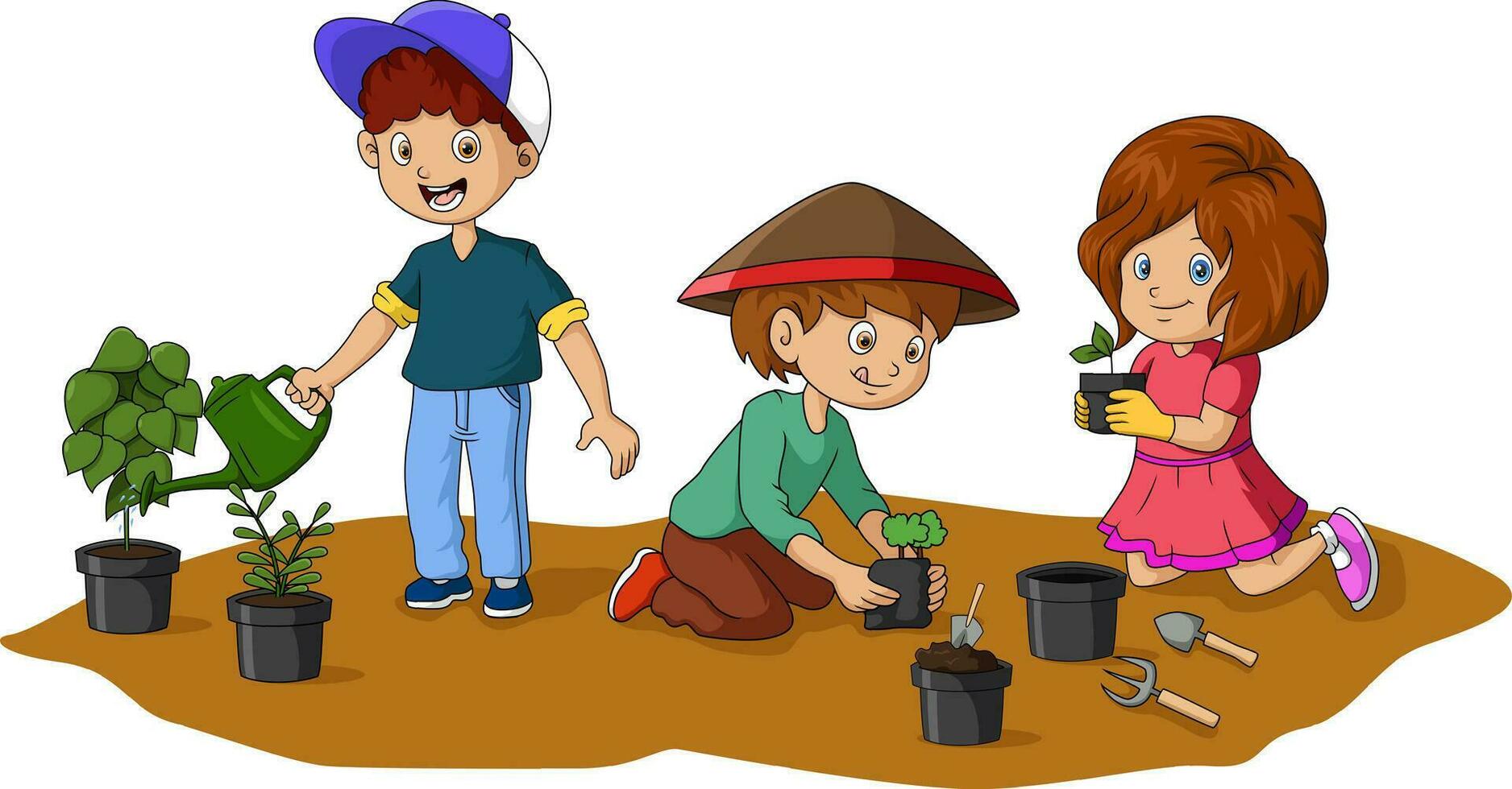 Cute gardening children on white background vector