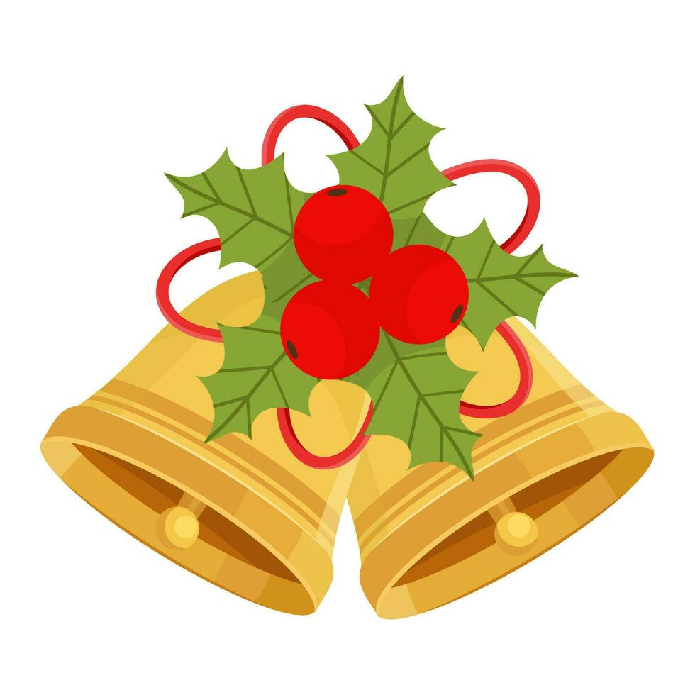 Bell. Christmas bells with berries. Vector illustration of golden bell.