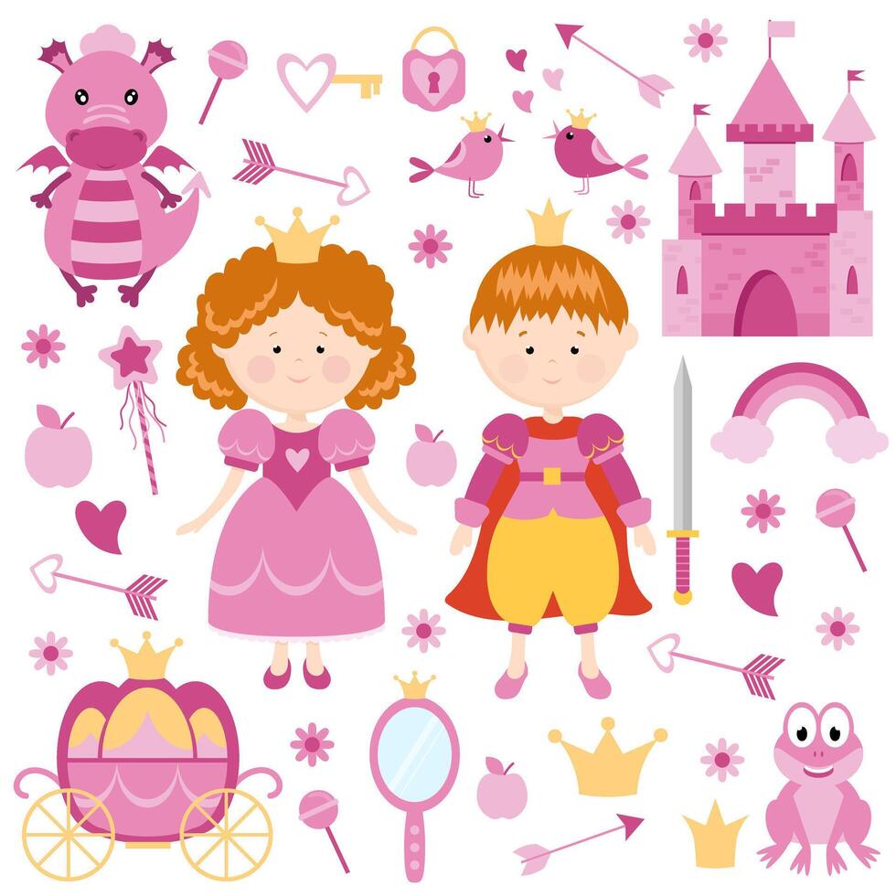 Princess with prince. Big set of illustrations. Pink color. vector