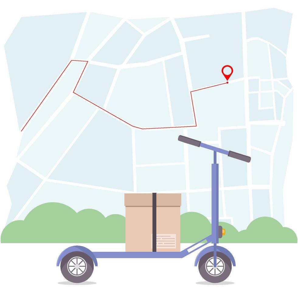 Delivery. Package. Delivery by kick scooter. Transporting a parcel on a kick scooter vector