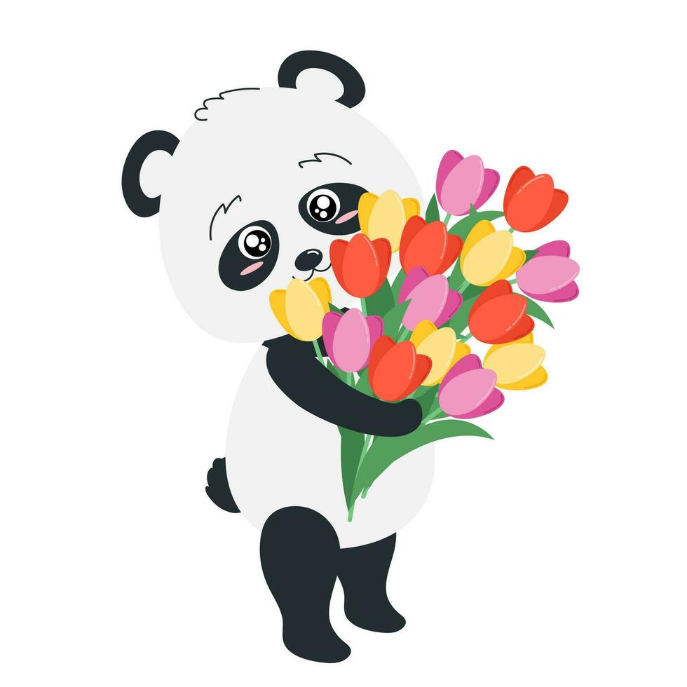 panda con un ramo de flores de tulipanes oso ilustración para imprimir, tarjeta postal o pegatina. vector