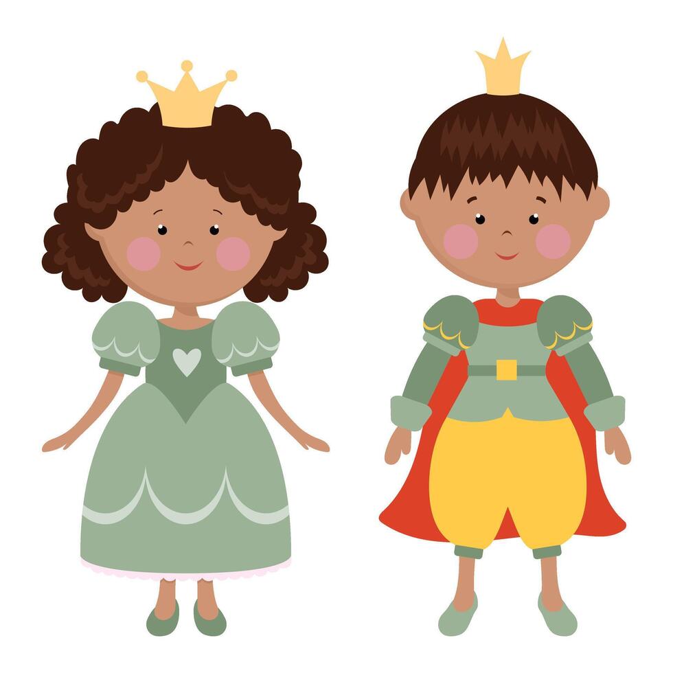 Vector illustration of a princess and a prince in green. Princess. Prince. Children. Characters.