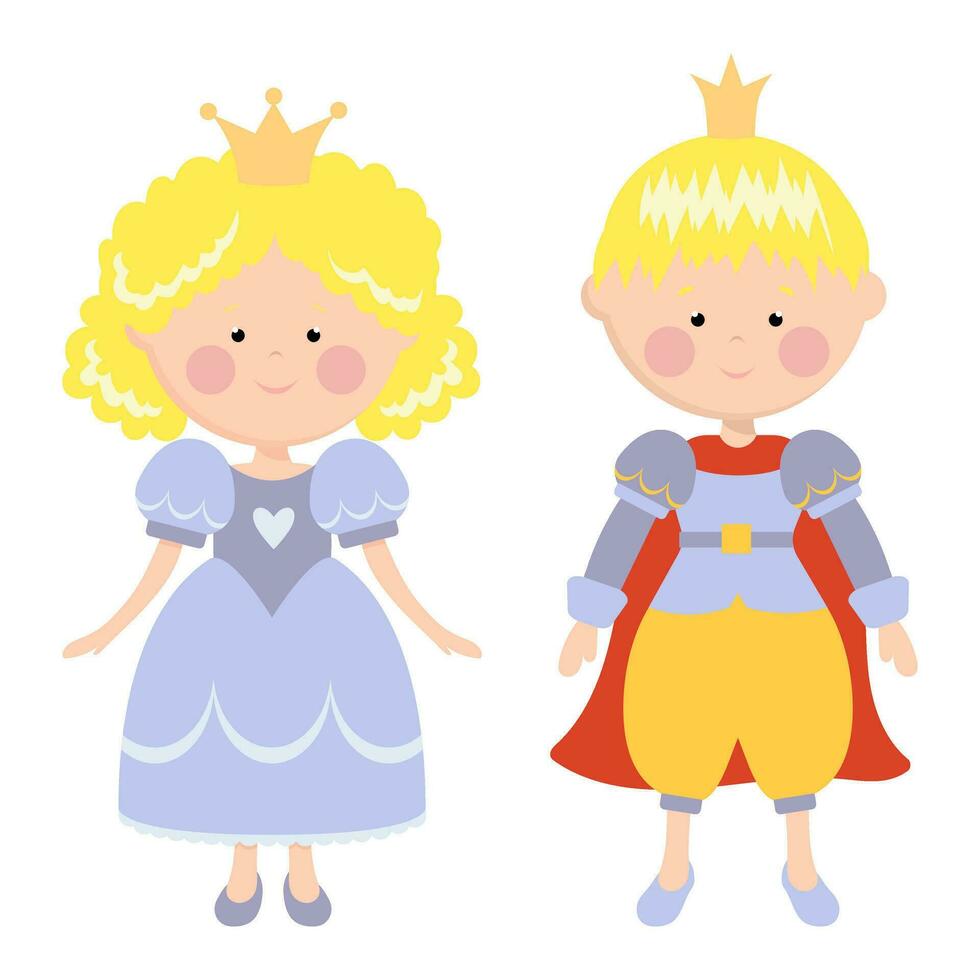 Vector illustration of princess and prince in blue color. Princess. Prince. Children. Characters.