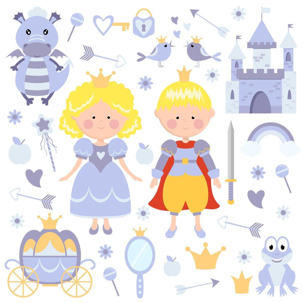 Princess with prince. Big set of illustrations. Blue color. vector