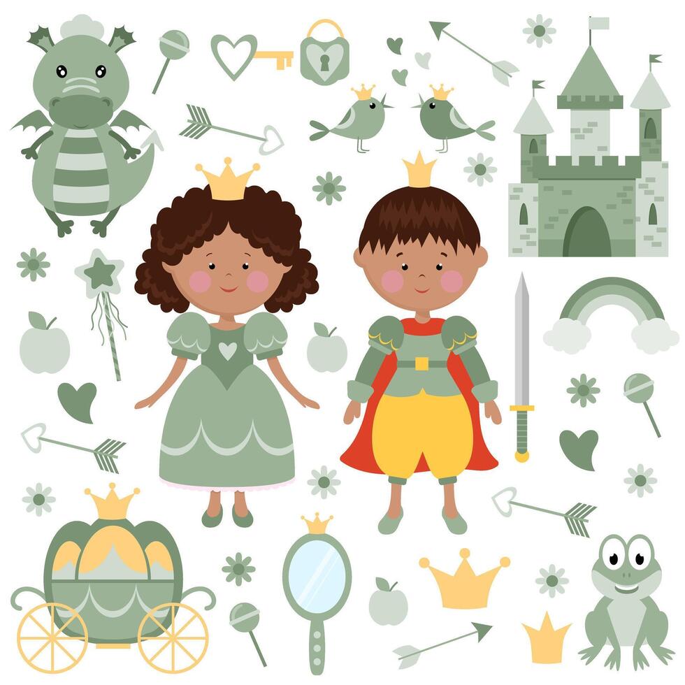 Princess with prince. Big set of illustrations. Green color. vector