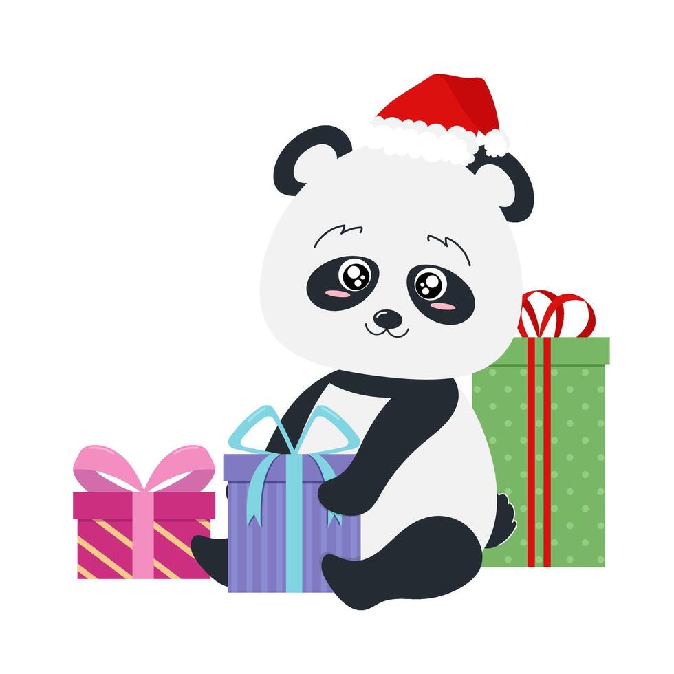 Panda unpacks New Year's gifts. Panda in a red cap. Panda. New Year. vector