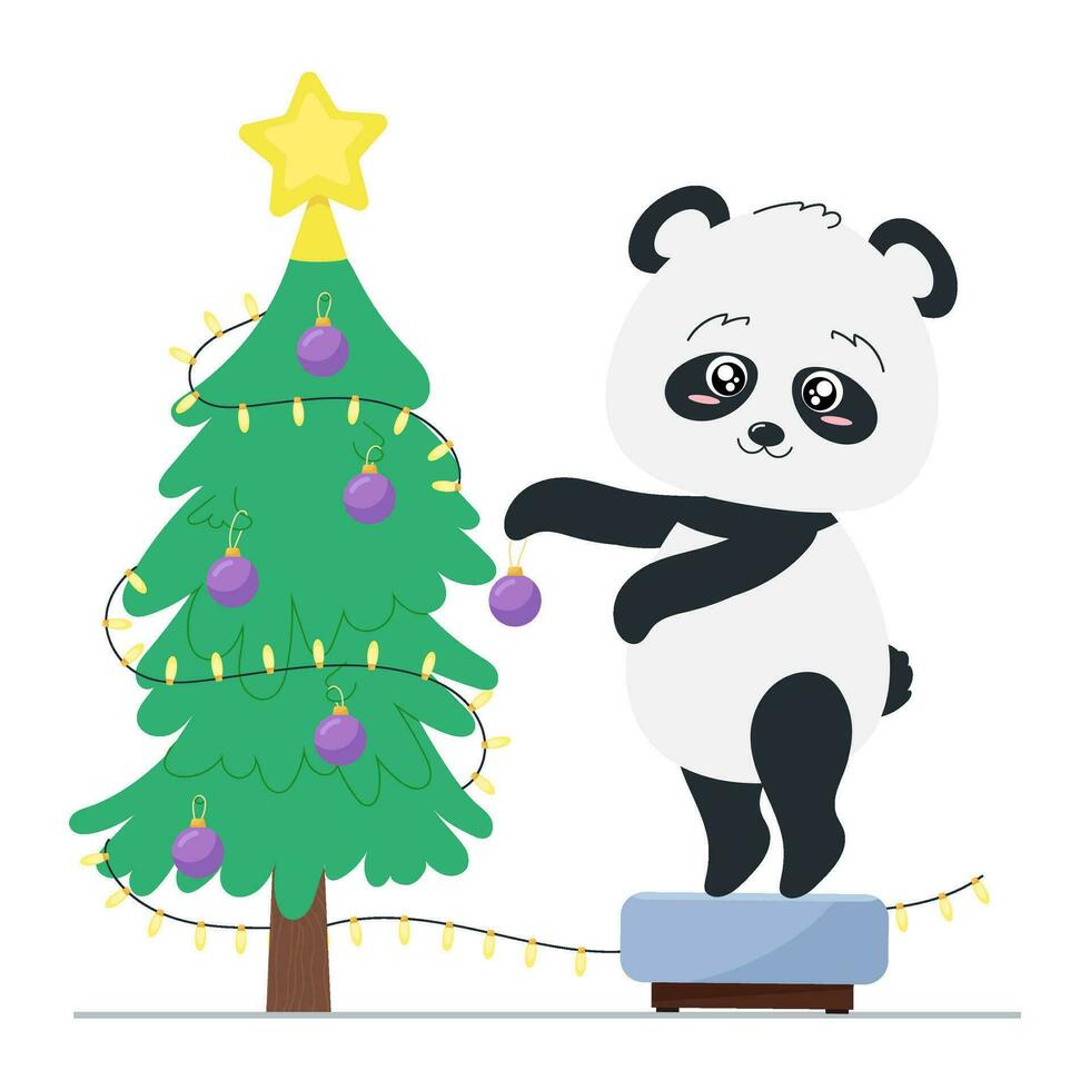 Panda. Cute panda decorates the Christmas tree. New Year vector