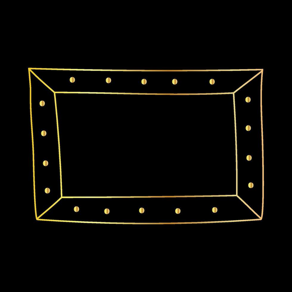 Doodle hand drawn golden frame isolated on black background. Square frame for photos and paintings, minimalistic line art illustration in retro style. vector