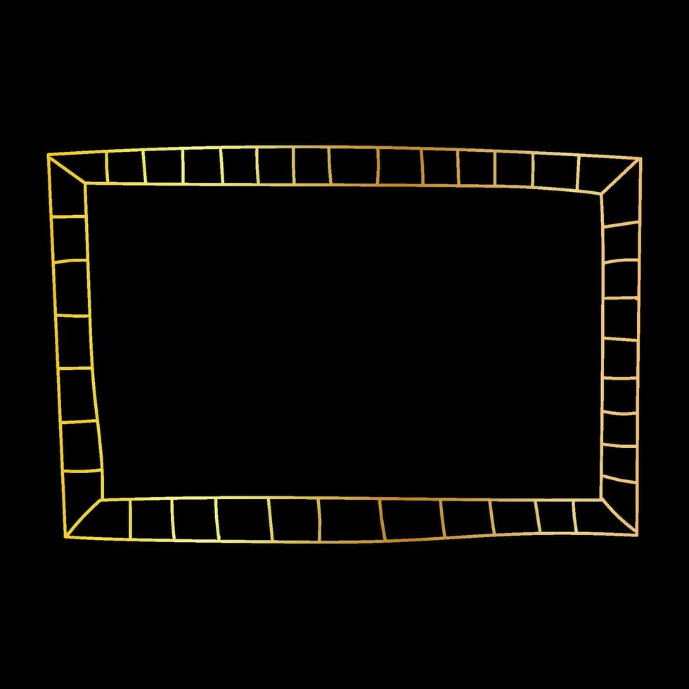 Doodle hand drawn golden frame isolated on black background. Square frame for photos and paintings, minimalistic line art illustration. vector