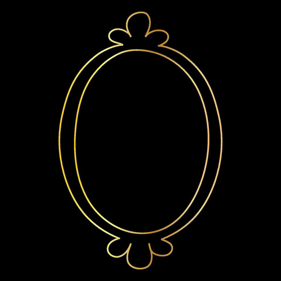Doodle hand drawn oval golden frame isolated on black background. Retro minimalist gradient frame for photos and paintings, decor. vector