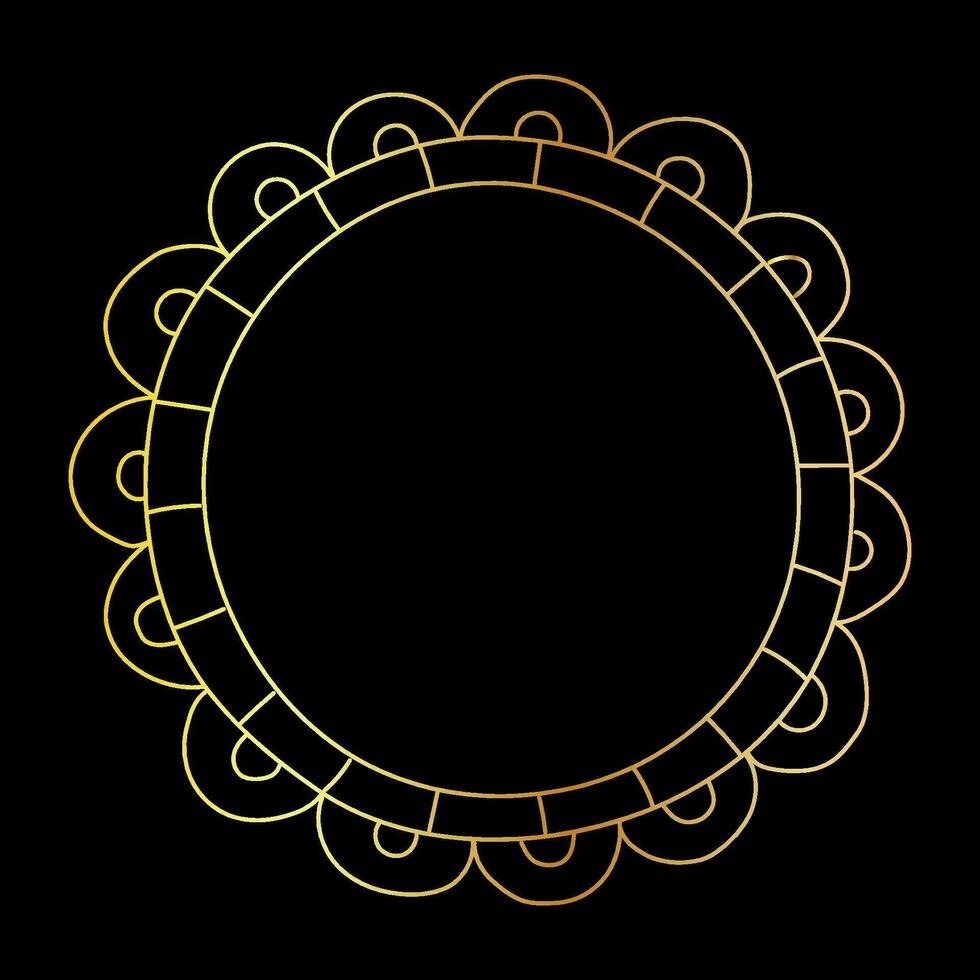 Doodle hand drawn round gold frame isolated on black background. Retro minimalist gradient frame for photos and paintings, beautiful decorative elements. vector